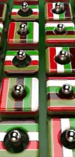 Colorful geometric pattern with red, green stripes on blocks.