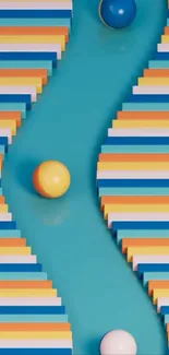 Vibrant geometric wallpaper with colorful stripes and spheres.