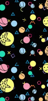 Playful and colorful geometric shapes on black background wallpaper.