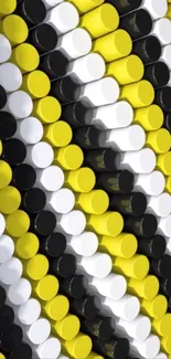 Colorful 3D geometric cylinder pattern wallpaper in yellow, black, and white.