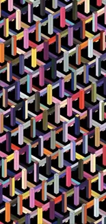 Colorful geometric pattern wallpaper with 3D design on black background.