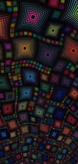 Colorful geometric pattern with multicolored concentric squares.