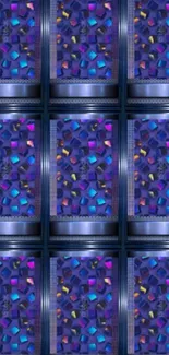 Vibrant geometric pattern wallpaper in purple and blue tones.