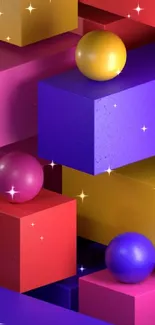 Colorful geometric 3D phone wallpaper with vibrant cubes and spheres.