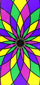 Vibrant geometric pattern with purple, yellow, green, and black.