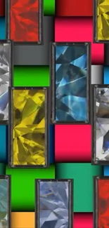 Colorful geometric wallpaper with crystals and vibrant patterns.