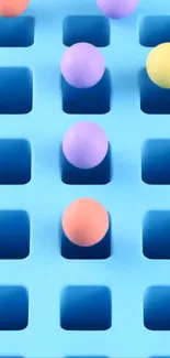 Colorful geometric wallpaper with spheres on blue.