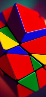 Abstract geometric puzzle with red and vibrant colors.