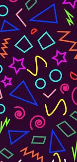 Vibrant neon geometric shapes wallpaper with dark purple background.