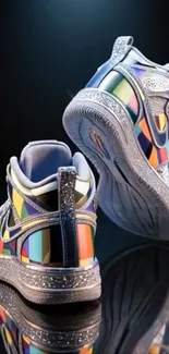 Colorful geometric patterned sneakers on display