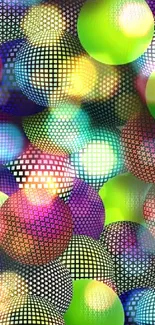 Mobile wallpaper with colorful geometric spheres in vibrant hues.