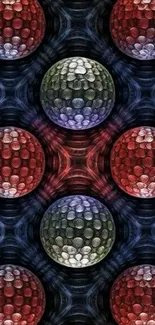 Colorful geometric spheres on black background forming an artistic pattern.