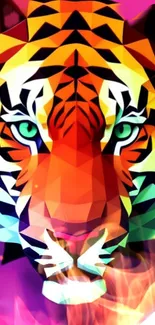 Abstract geometric tiger art with vibrant colors on a mobile wallpaper.