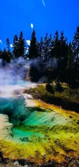 Vibrant geothermal hot spring with lush forest backdrop.