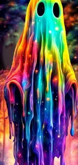 Colorful dripping ghost with psychedelic colors in a fantasy forest setting.