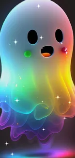 Colorful ghost mobile wallpaper with neon rainbow hues on dark background.