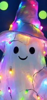 Happy ghost wrapped in colorful lights on a dark backdrop.