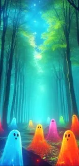 Colorful neon ghosts illuminate a mystical forest on this vibrant mobile wallpaper.