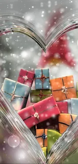 Colorful gift boxes in heart-shaped snow frame.