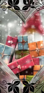 Colorful gift boxes in heart frame design for festive mobile wallpaper.