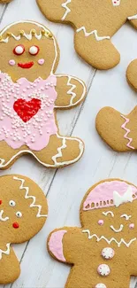 Colorful gingerbread cookies with icing on display.