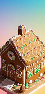 Vibrant gingerbread house with candy details on a colorful gradient background.