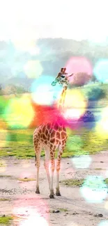 A giraffe in nature with colorful bokeh lights overlay.