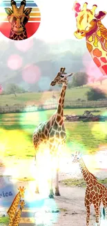 Colorful giraffe safari wallpaper with artistic elements and vibrant nature.