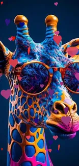 Colorful giraffe with sunglasses in artistic neon design.