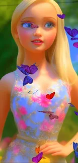 Vibrant wallpaper with girl and butterflies in a fantasy setting.