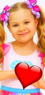 Cheerful girl in colorful dress with red heart on white background.