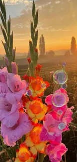 Vibrant gladiolus flowers with sunrise background