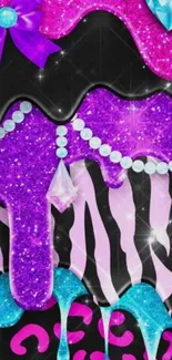 Glittery pink and purple wallpaper with jewels and zebra pattern.