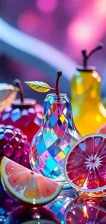 Colorful glass bottles with fruits on a vibrant background.