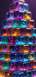 Colorful pyramid of stacked glass cubes with vibrant light reflections.