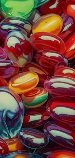 Colorful glass marbles with vibrant red hues in an artistic pattern.