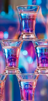 Colorful lights reflecting through a glass pyramid.