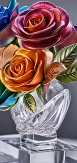 Colorful glass roses in a crystal vase.