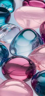 Colorful glass stones in blue and pink hues.