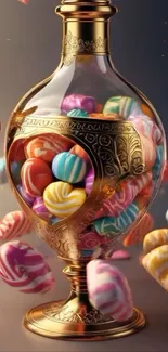 Golden vase with colorful candy inside, artistic visual