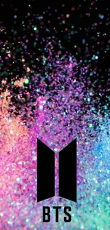 BTS logo with colorful glitter explosion background.