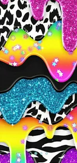 Colorful glitter and animal print mobile wallpaper with vibrant drips and stars.