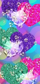 Glitter hearts and sparkles in vibrant colors for phone wallpaper.