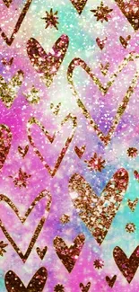 Colorful glitter hearts wallpaper with golden accents.