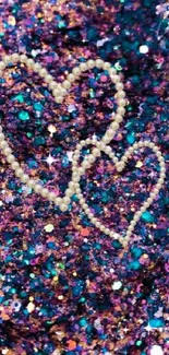 Colorful glitter wallpaper with heart outlines.