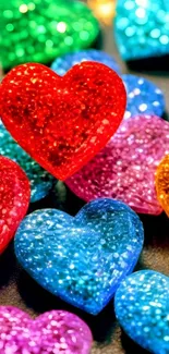 Colorful glitter hearts in vibrant colors on display.