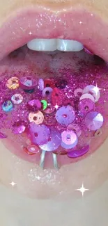 Lips adorned with pink glitter and sequins, offering a vibrant pop art style.