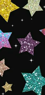 Colorful glitter stars on a black background.