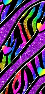 Colorful glitter zebra pattern wallpaper with hearts.