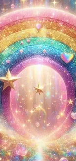 Colorful glittering rainbow with stars and hearts in vibrant artwork.